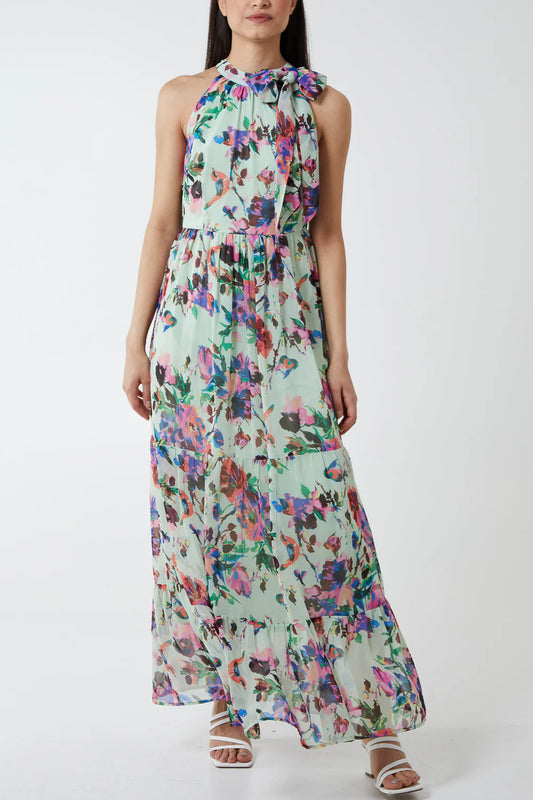 Vibrant floral print maxi dress in size 16, featuring a tiered skirt, open back, and elegant tie-neck halter detail.