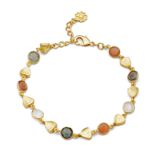 Gold Sara Mixed Gemstone Bracelet: Peach Moonstone, Labradorite & Moonstone