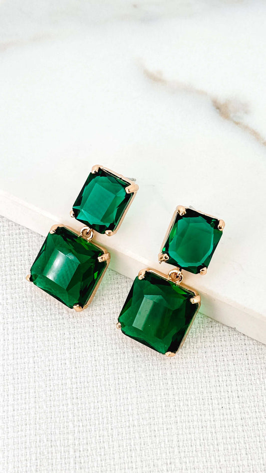 Envy - Gold and green faceted glass dropper earring