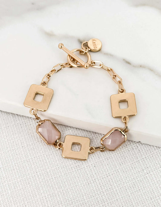 Envy - Gold square and pink crystal T-bar bracelet