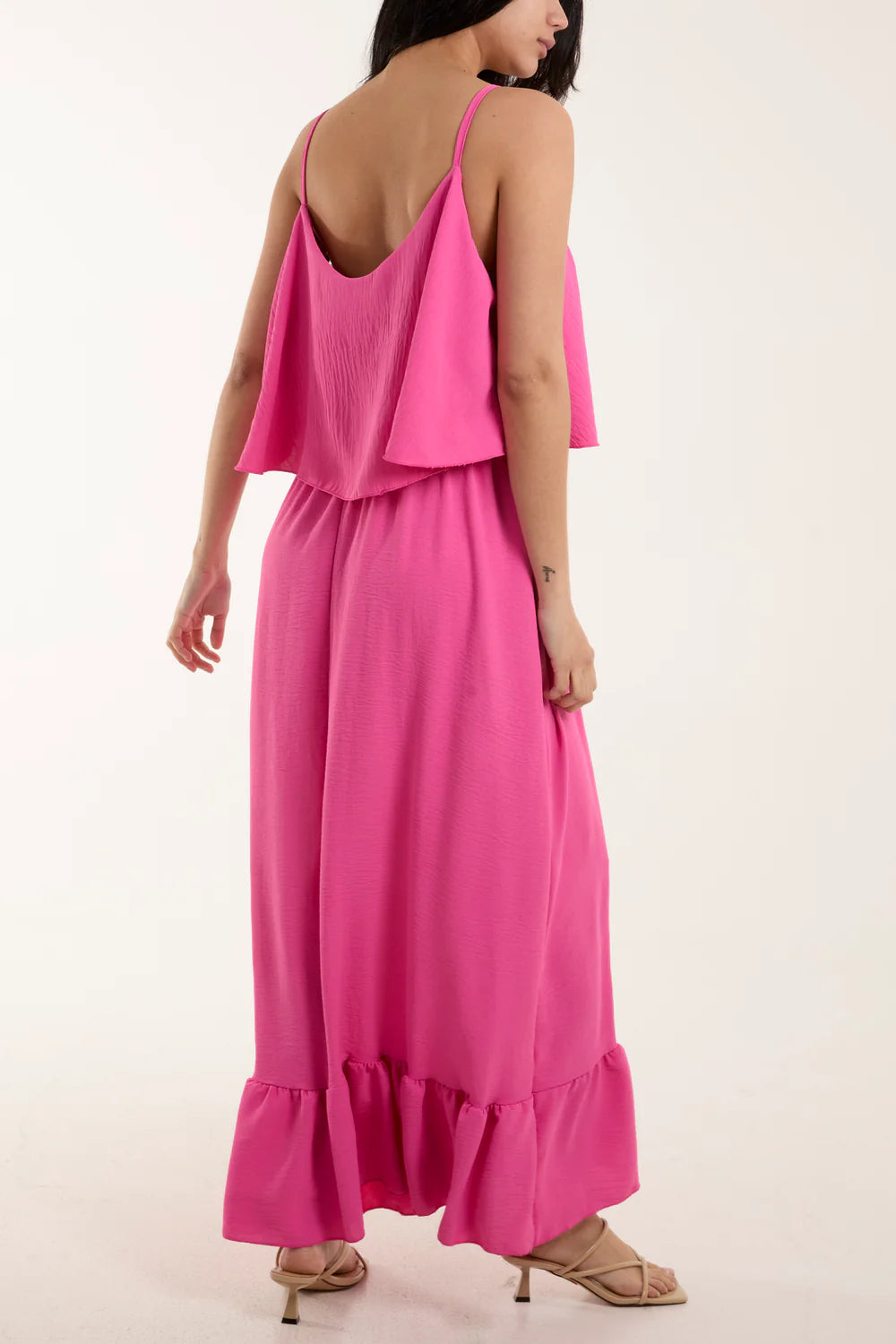 Vibrant hot pink double-layer cami maxi dress, flowing elegantly with a flattering fit for sizes 8-16 UK.