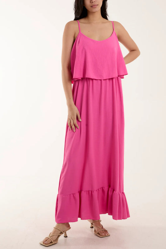 Vibrant hot pink double-layer cami maxi dress, flowing with a flattering fit for sizes 8-16, crafted from a soft, stretchy blend.