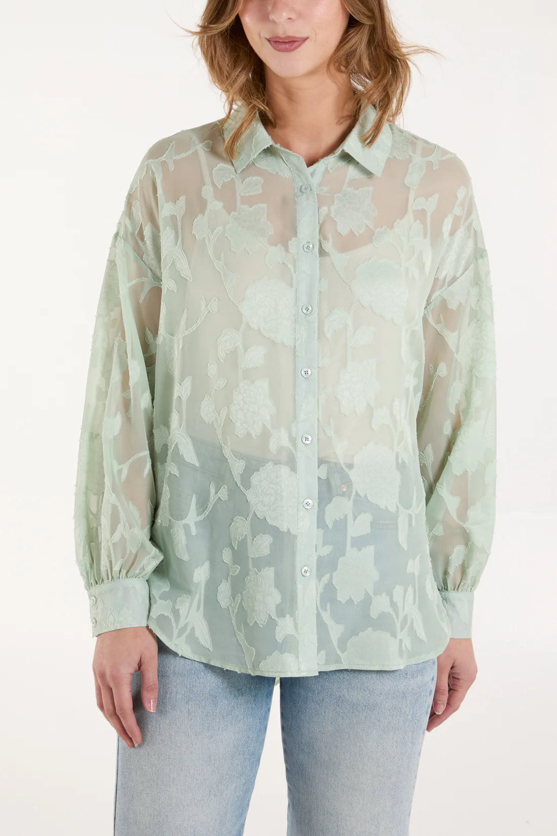 QED London - Sheer Floral Print Shirt - Available in Black, Pink and Mint