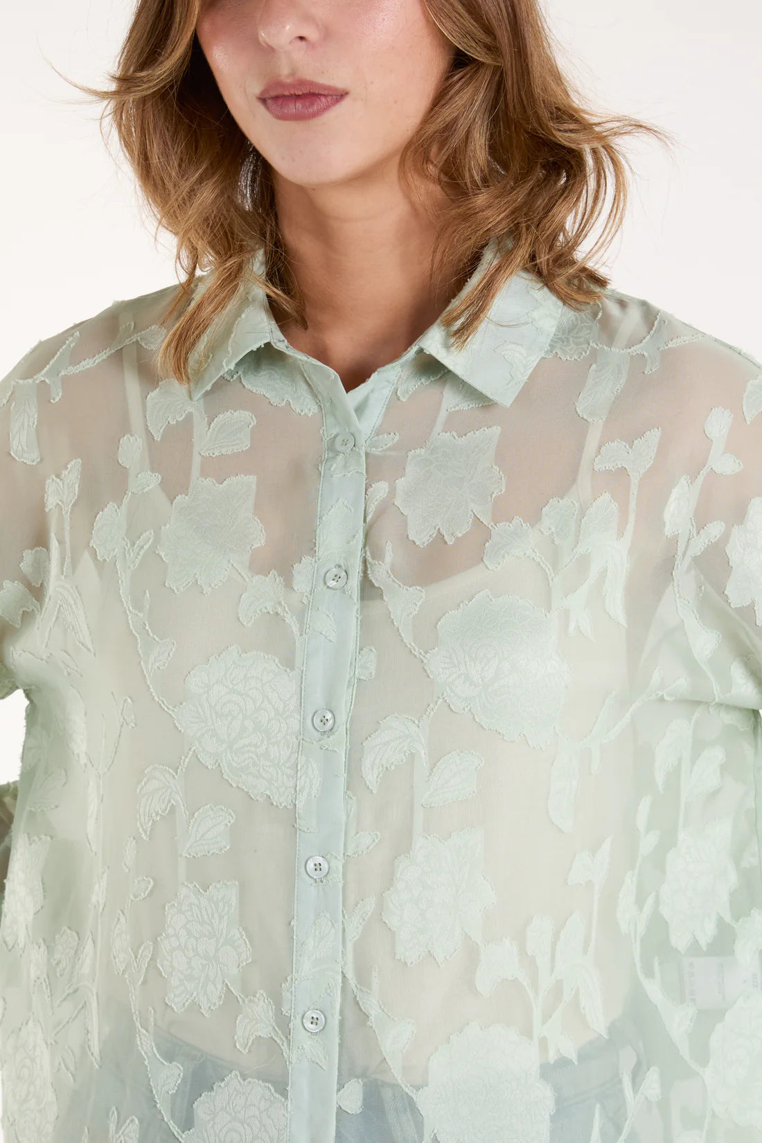 QED London - Sheer Floral Print Shirt - Available in Black, Pink and Mint