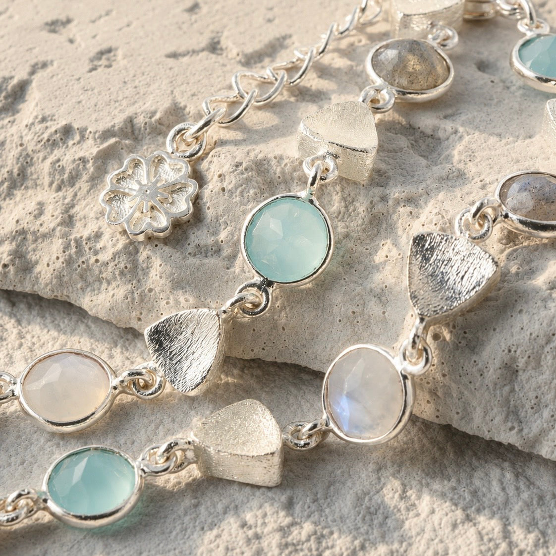 Silver Sara Mixed Gemstone Nugget Bracelet Pariba Onyx, Labradorite & Moonstone