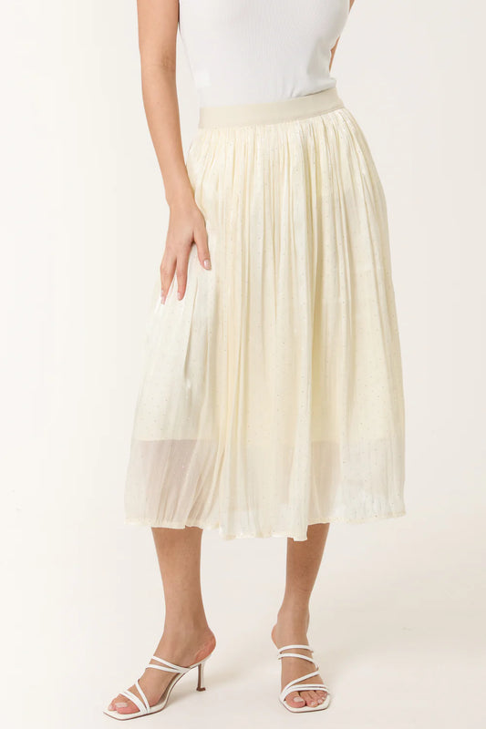 Elegant ivory midi skirt with an elasticated waist and satin embellishments, offering a smooth, flowing silhouette.