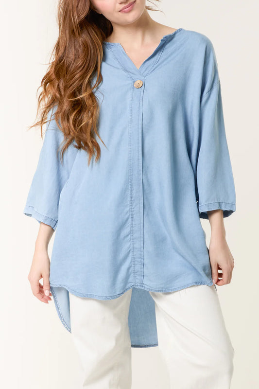 Collarless Button Front Denim Blouse - Light Blue (one size fits 8-16uk)