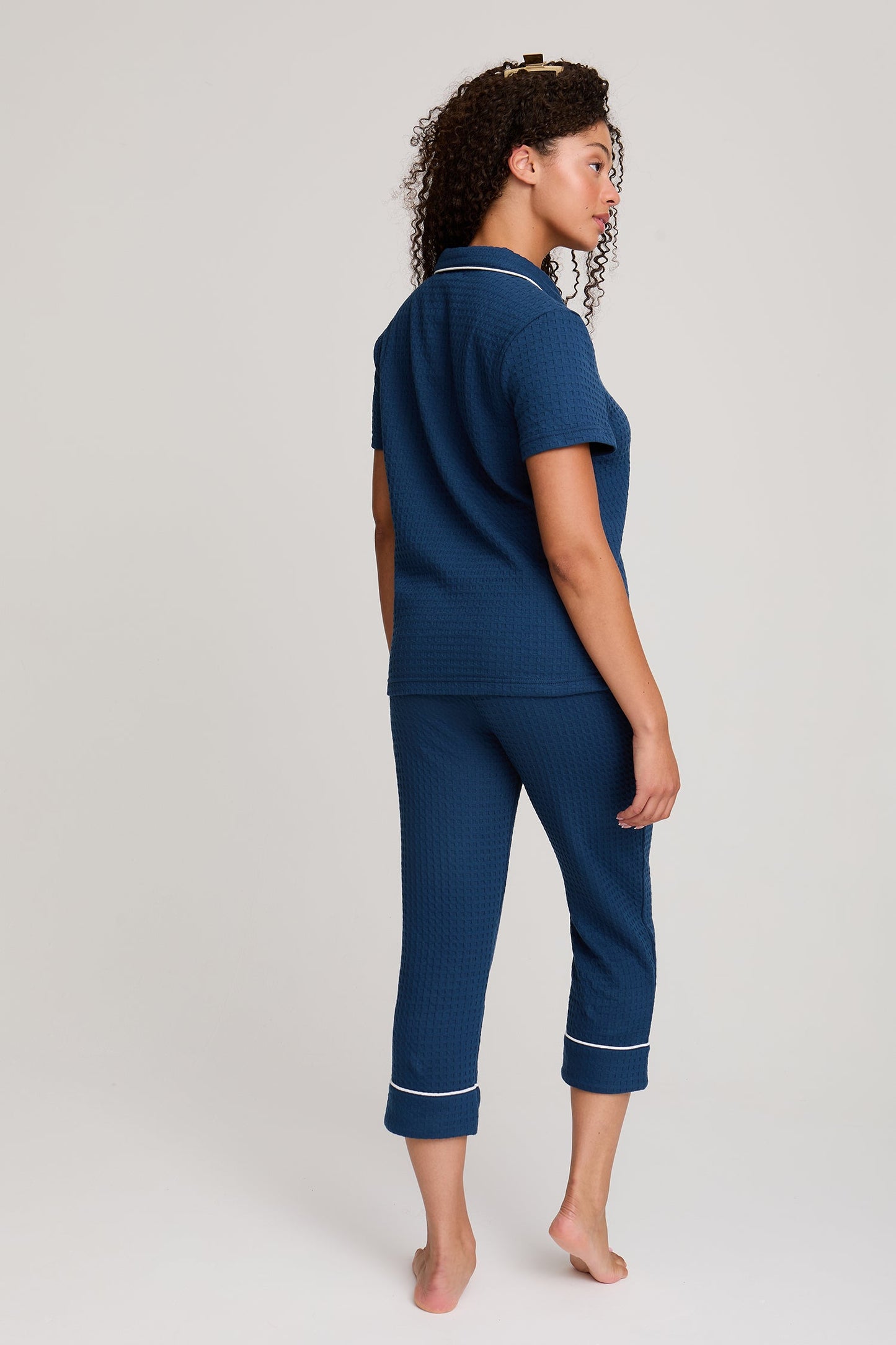 Luxury Suite Waffle Short Shirt Trouser Set in Marine Blue