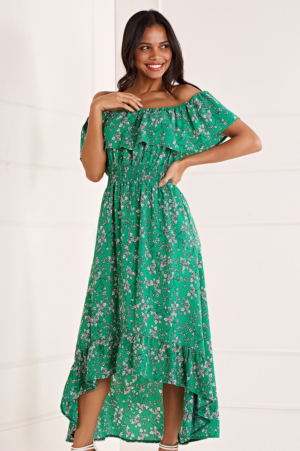 Yumi Green Bardot Asymmetric Maxi Dress Envy Boutique Yumi Green Bardot Asymmetric Maxi Dress Envy Boutique