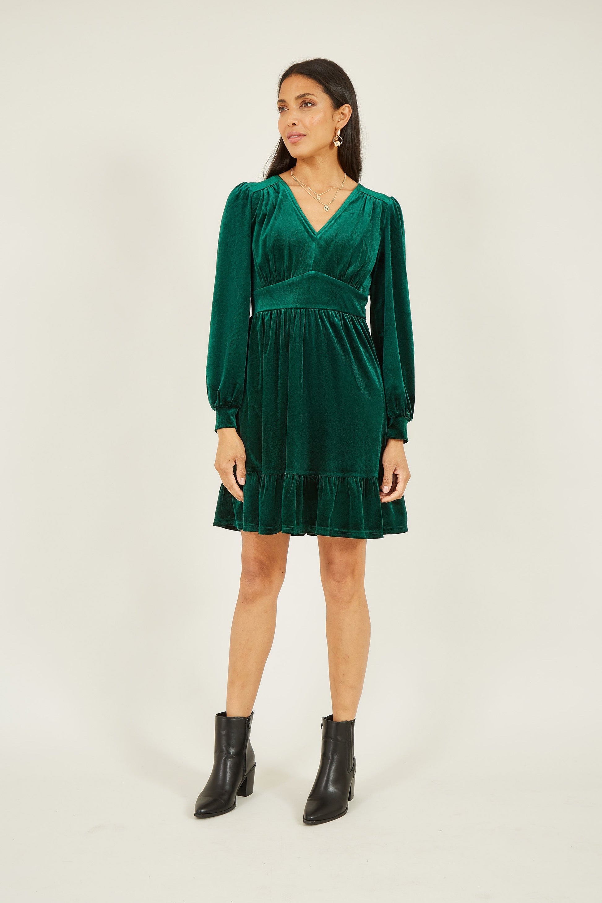green long sleeve skater dress Olive boohoo Petite Chiffon Long Sleeve Skater Dress