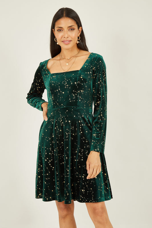 Yumi Green Star Foil Print Long Sleeve Skater Dress