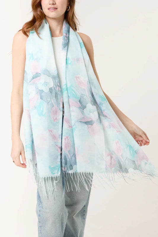 Pastel Floral Print & Tassel Scarf Green