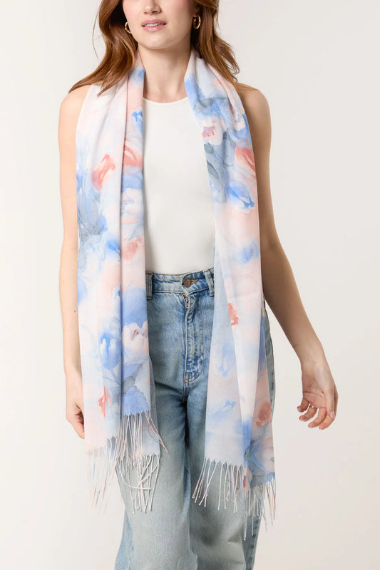 Pastel Floral Print & Tassel Scarf Pink