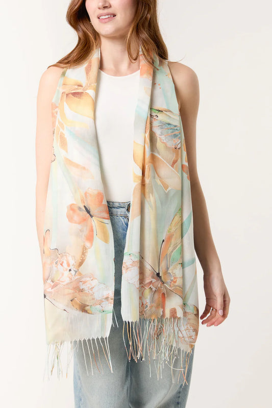 Butterfly Print & Tassel Scarf Orange