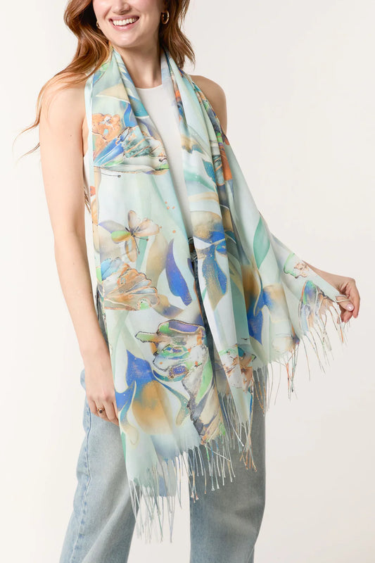 Butterfly Print & Tassel Scarf Teal