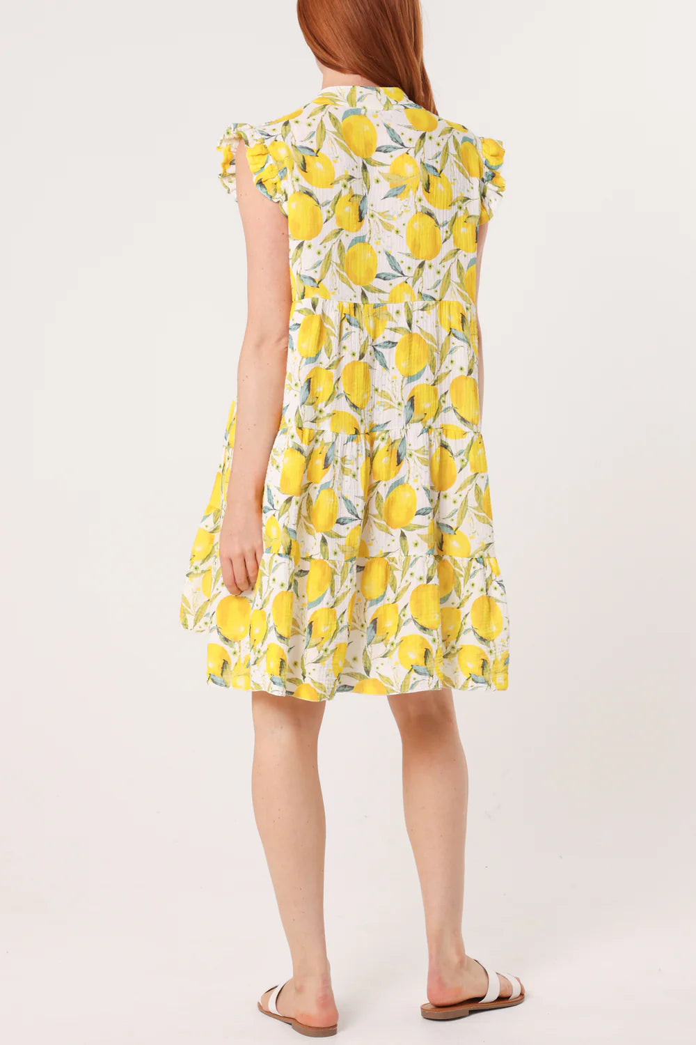 Lemon Print Frill Sleeve Mini Dress One Size 8-18/20