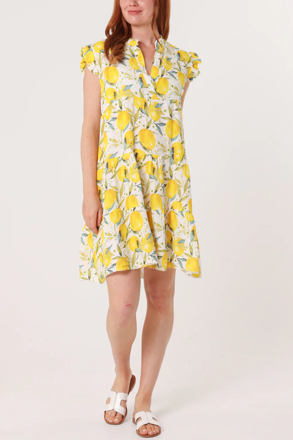 Lemon Print Frill Sleeve Mini Dress One Size 8-18/20