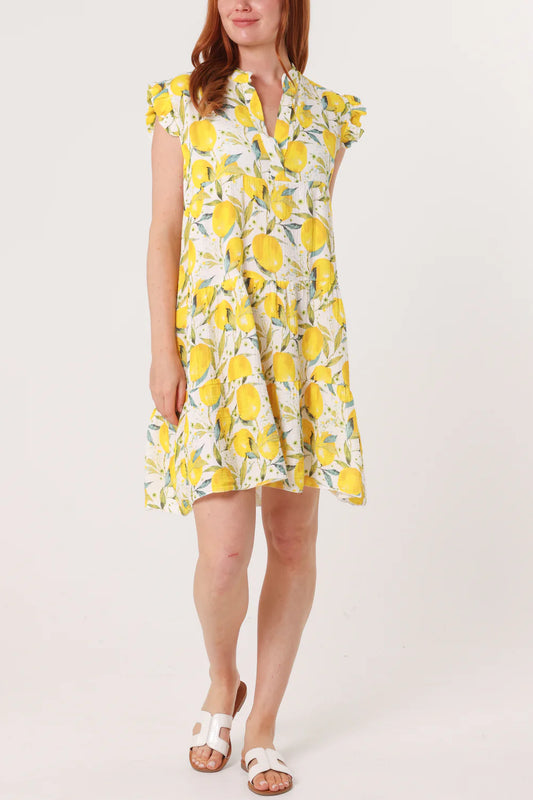 Lemon Print Frill Sleeve Mini Dress One Size 8-18/20