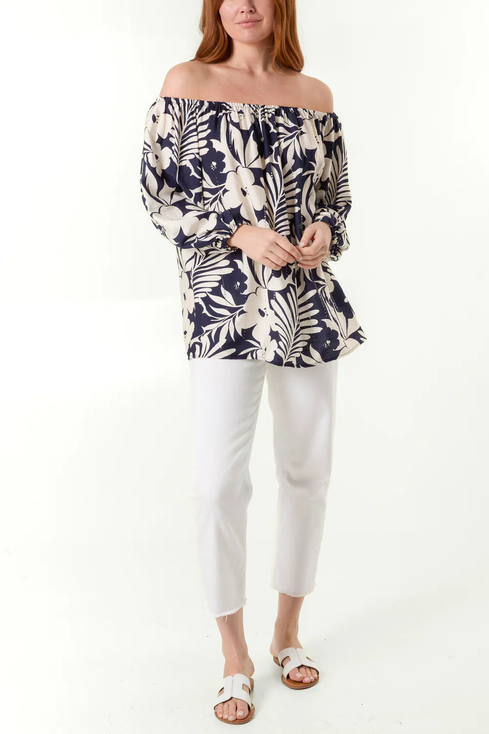 Elegant navy QED Bardot top with an off-shoulder design, crafted from a soft viscose blend, perfect for chic outings.