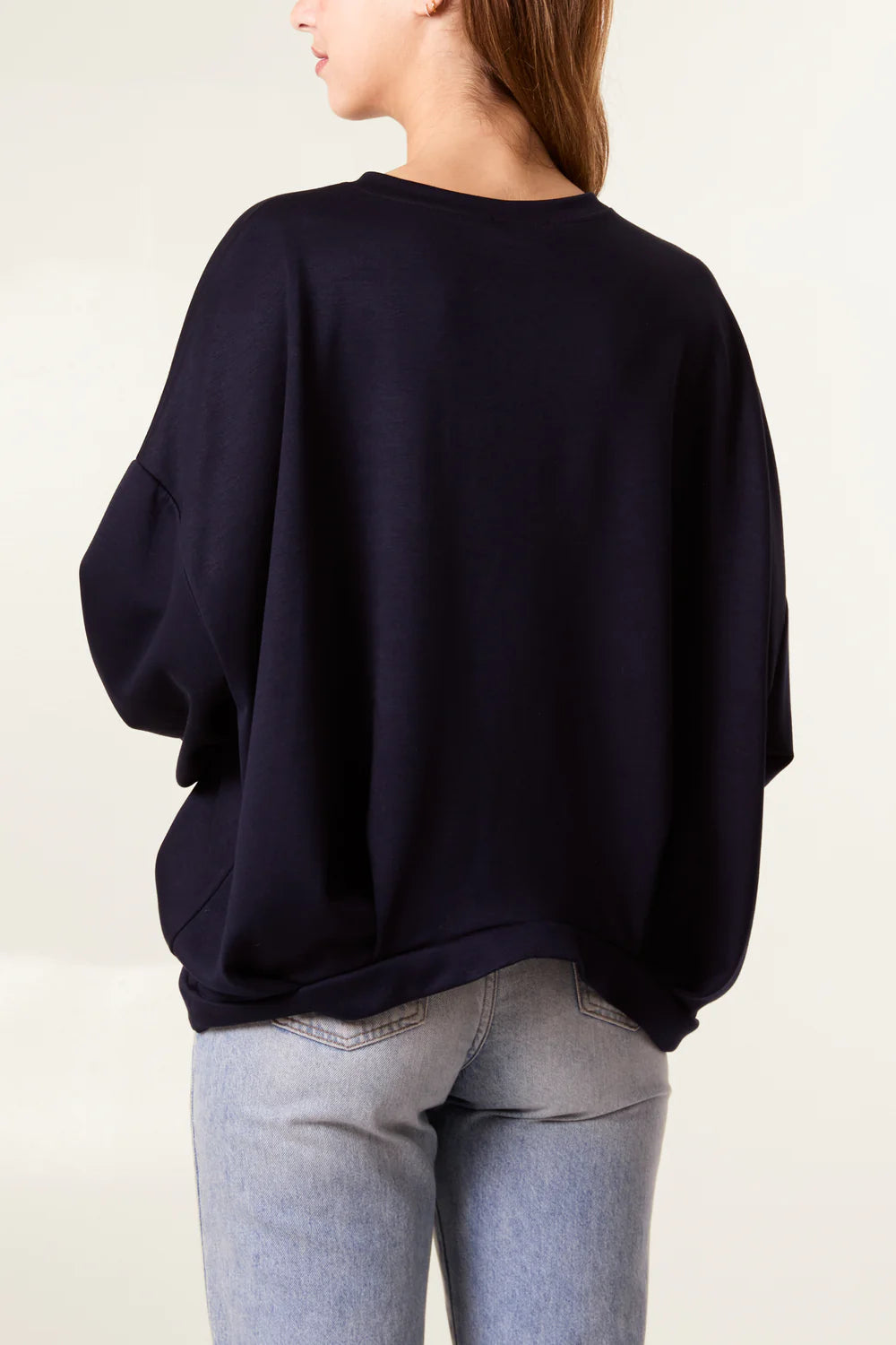 Cozy navy sweat top with puffball sleeves, crafted from soft viscose blend, designed to fit UK sizes 8-16 effortlessly.