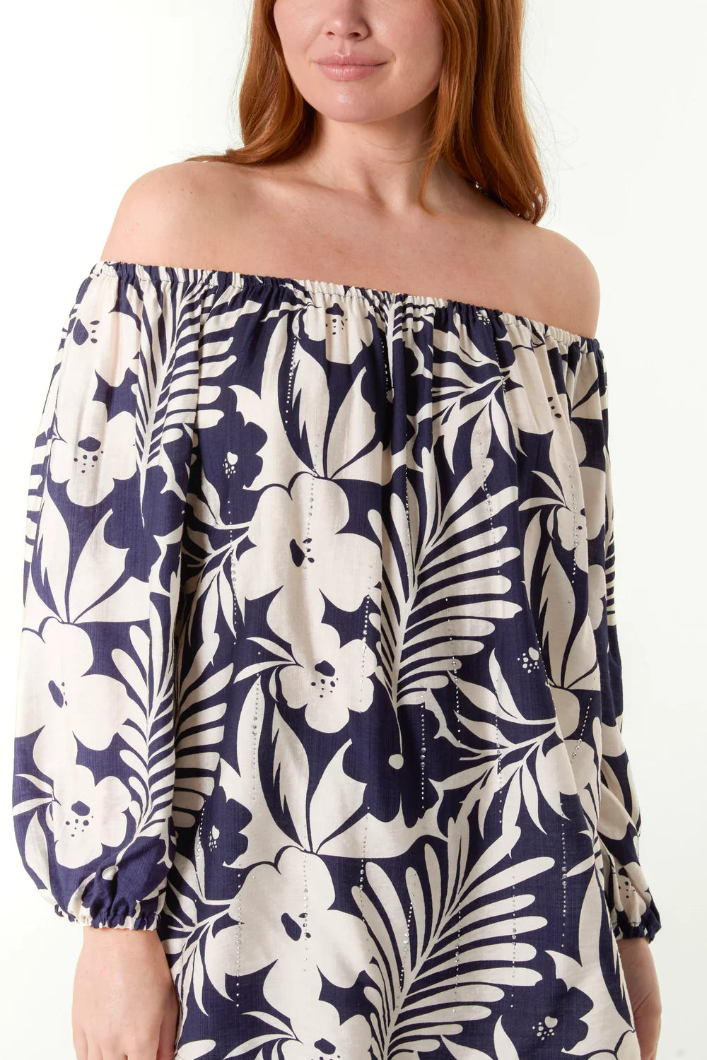 Elegant navy QED Bardot top with an off-shoulder design, crafted from a soft viscose blend, perfect for chic outings.