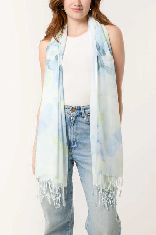 Pastel Floral Print & Tassel Scarf Yellow