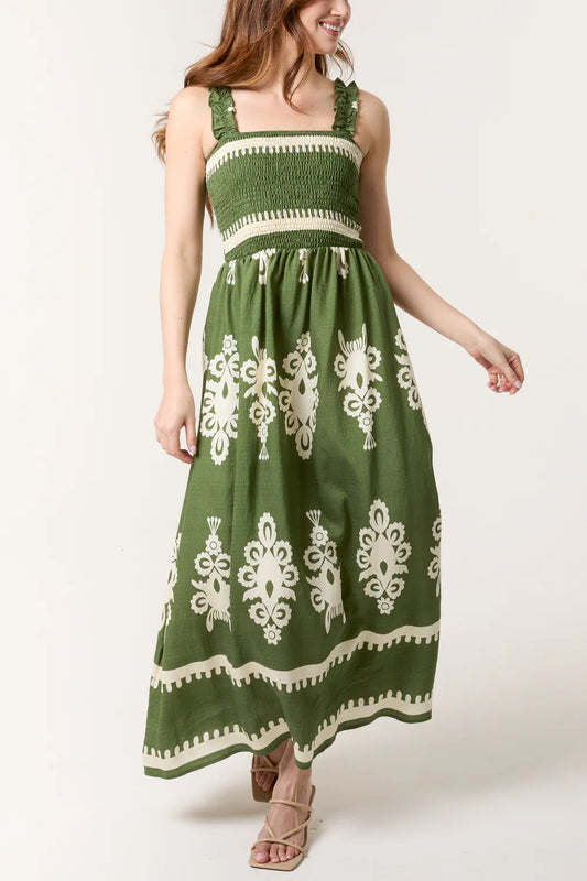 Printed Shirred Bodice Maxi Dress M/L