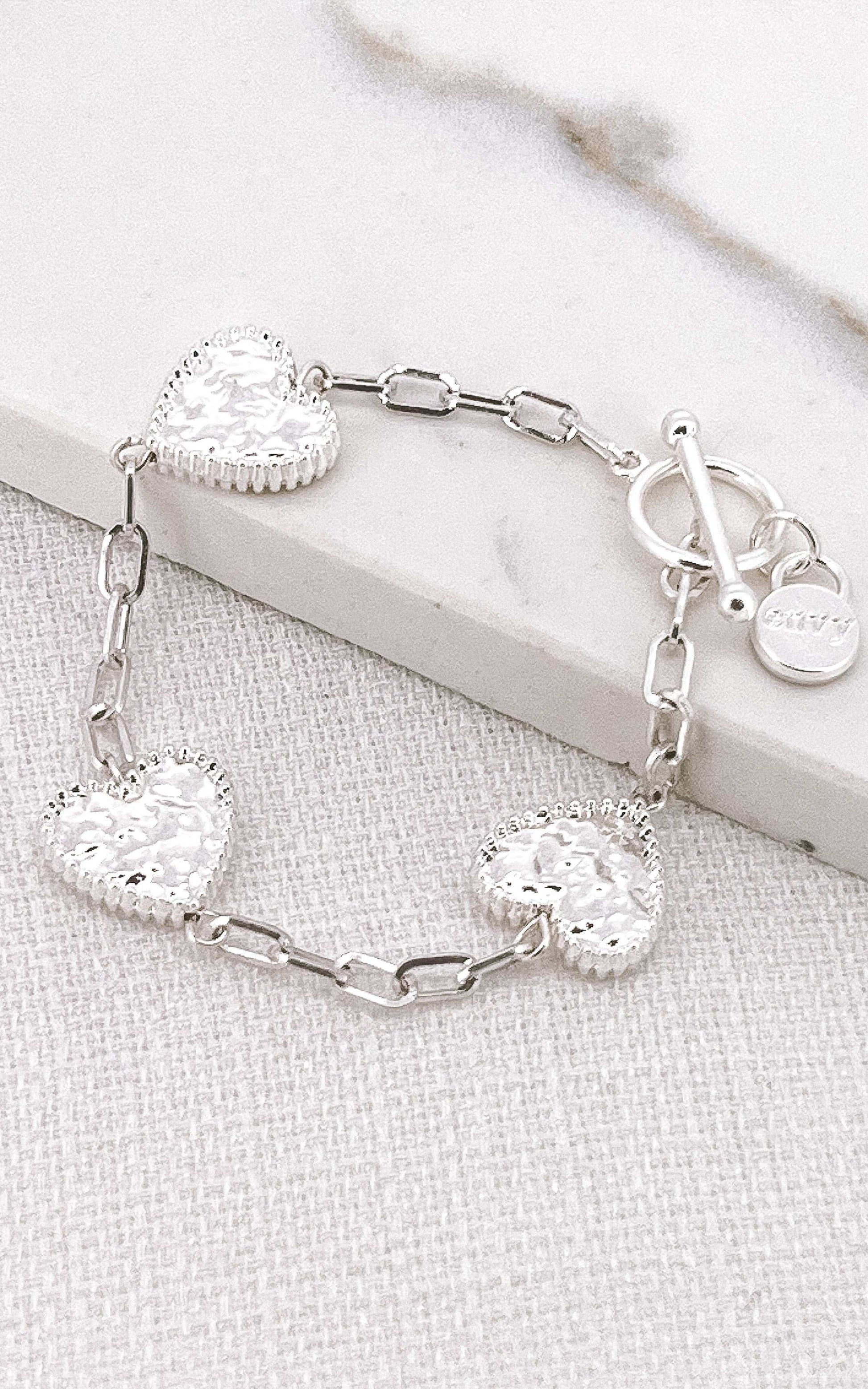 Envy - Silver battered heart T-bar bracelet