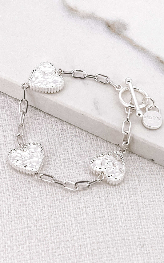 Envy - Silver battered heart T-bar bracelet