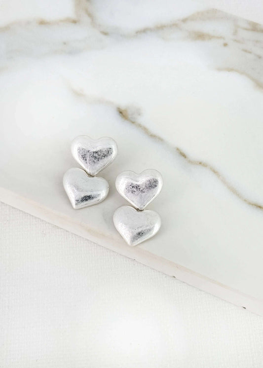 Envy - Silver double heart dropper earring