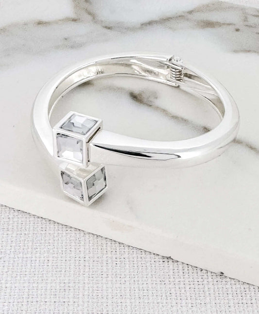 Envy - Silver hinged bangle with clear crystal cube design