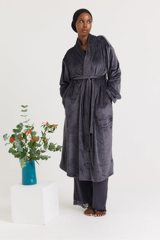 Velour Longline Dressing Gown in Raven