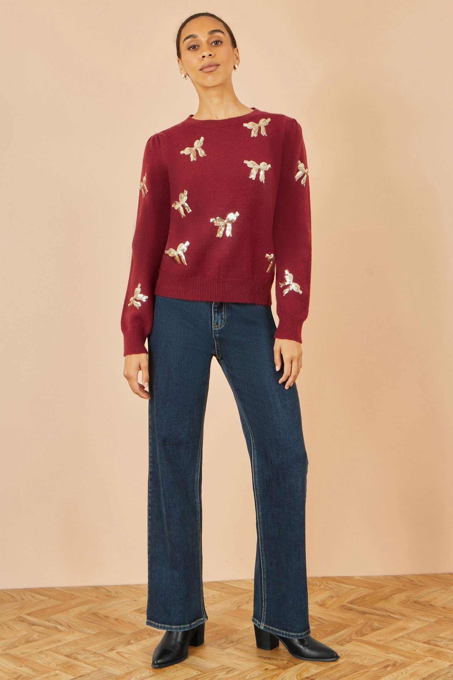 Yumi Burgundy Sequin All Over Applique Bow Knitted Jumper
