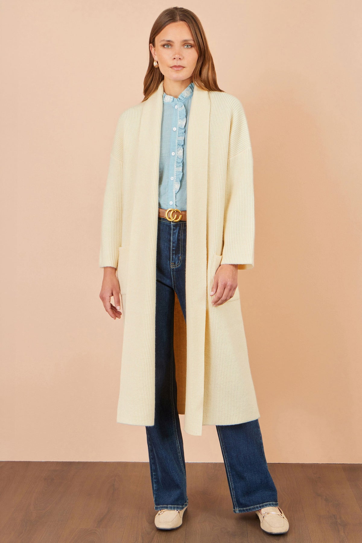 Yumi Ivory Knitted Maxi Cardigan With Pockets