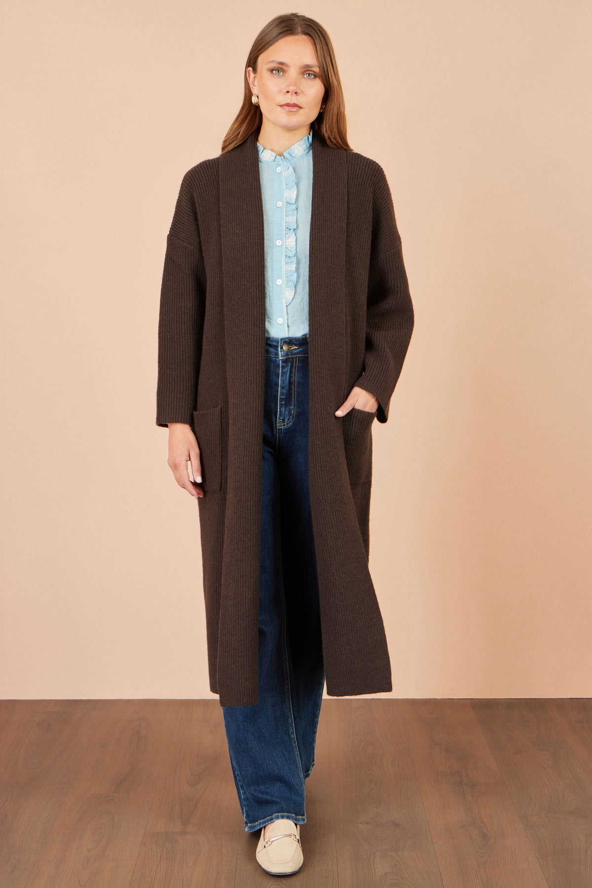 Yumi Brown Knitted Maxi Cardigan With Pockets