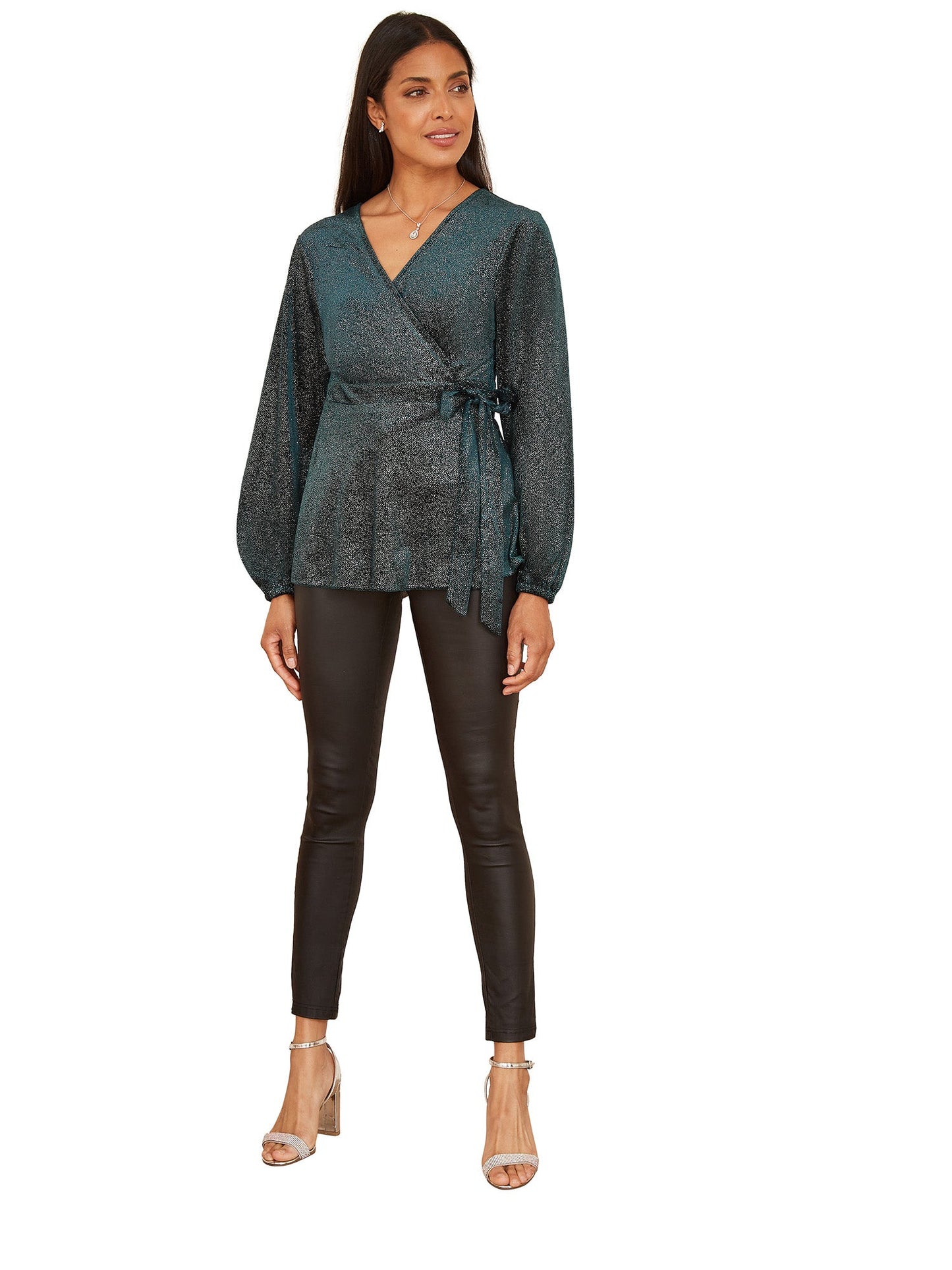 Yumi Green Sparkle Velvet Wrap Top With Long Sleeves