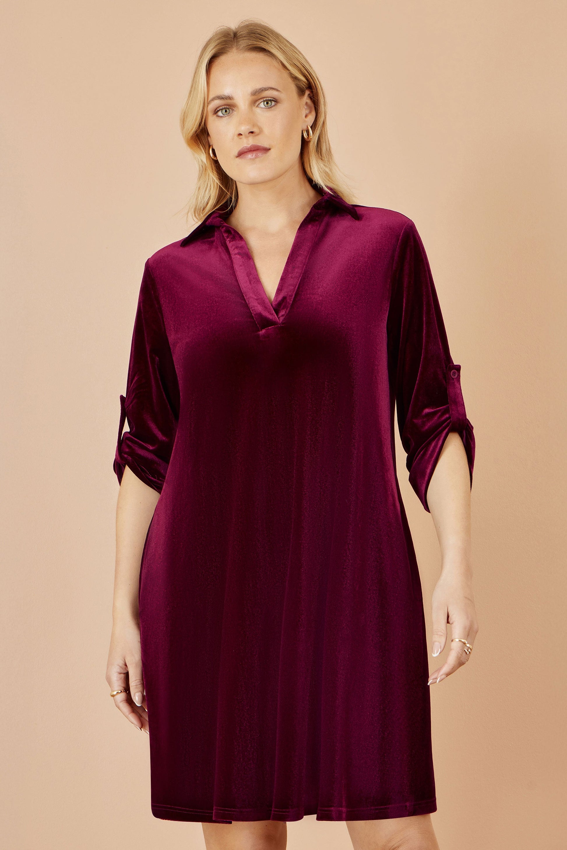 Yumi Burgundy Velvet Tunic Dress With 3/4 Sleeves – Envy Boutique