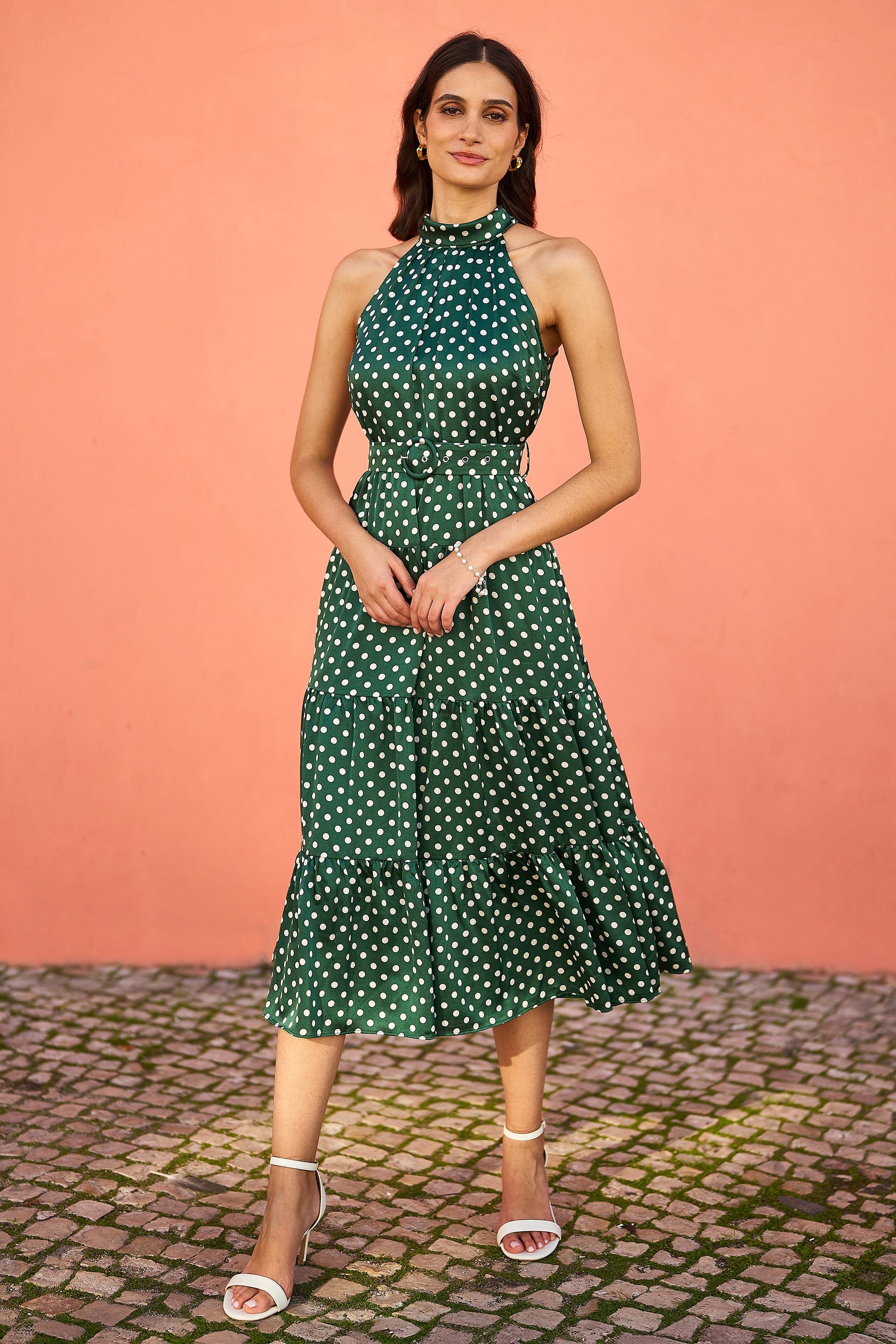 green emerald velvet dress Yumi Green Spot Print Halter Midi Dress With Matching Belt – Envy Boutique