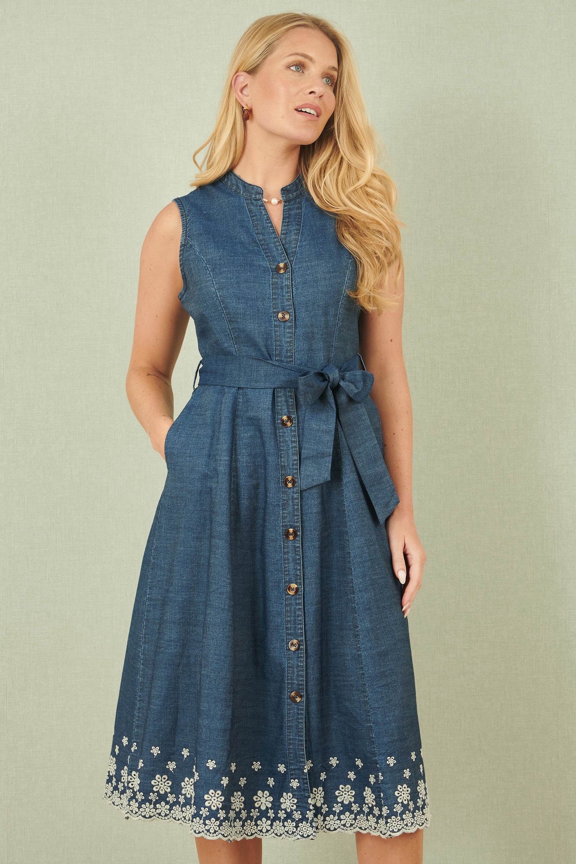 Yumi Blue Chambray Cotton Midi Embroidered Shirt Dress – Envy Boutique