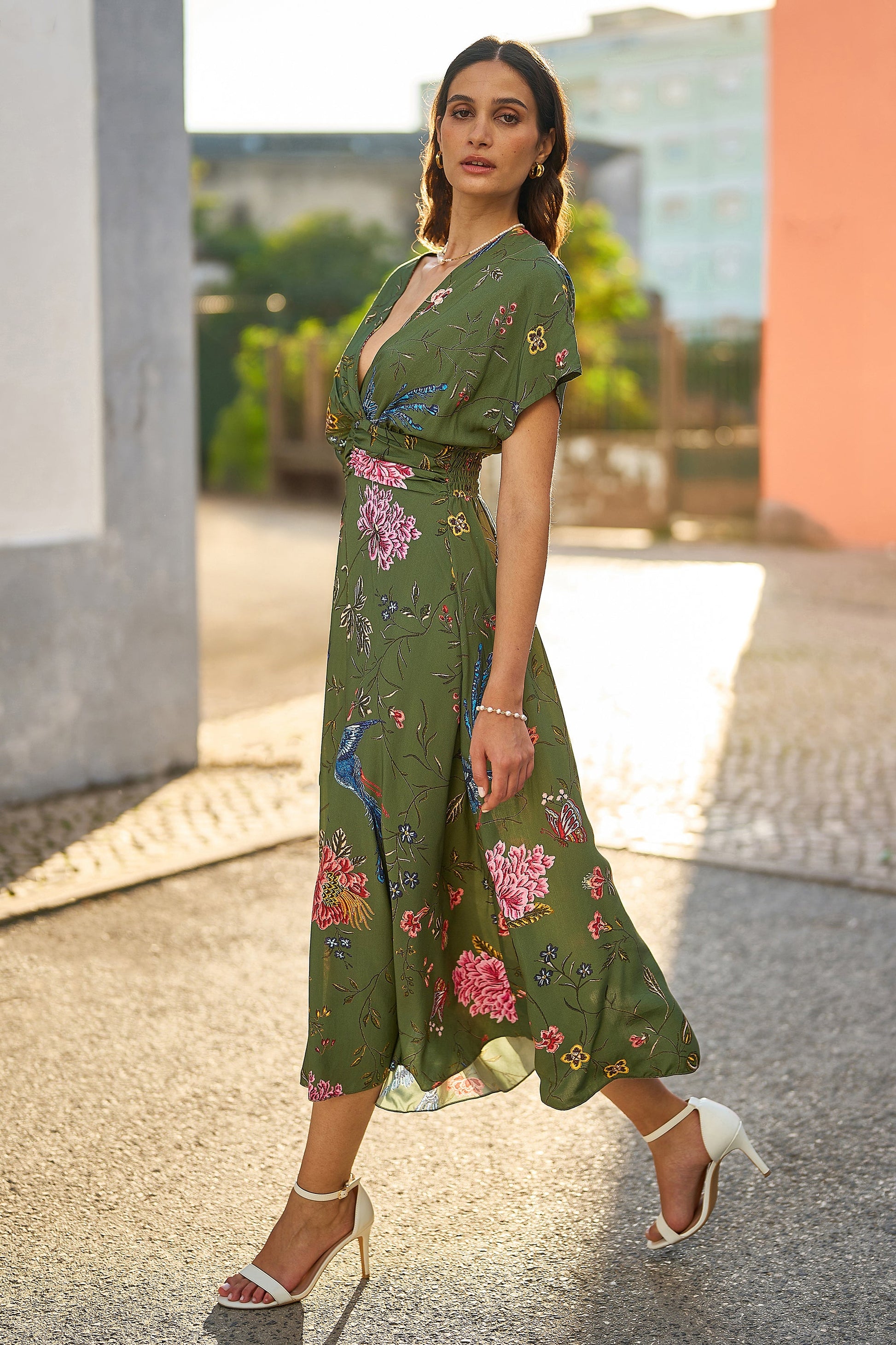 Yumi Green Bird and Floral Print Ruched Waist Kimono Midi Dress Envy Boutique Yumi Green Bird and Floral Print Ruched Waist Kimono Midi Dress Envy Boutique