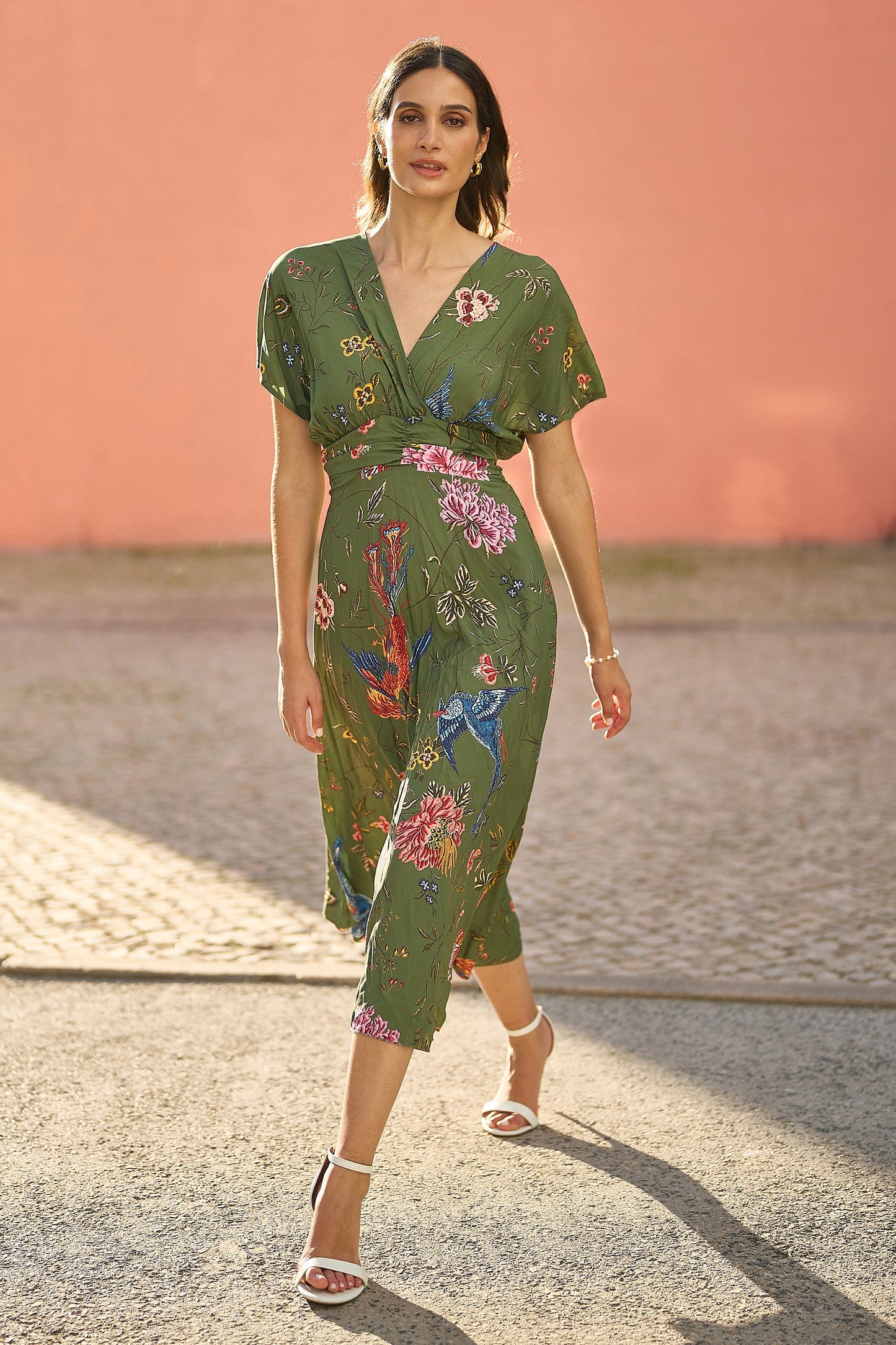 Yumi Green Bird and Floral Print Ruched Waist Kimono Midi Dress  Envy  Boutique