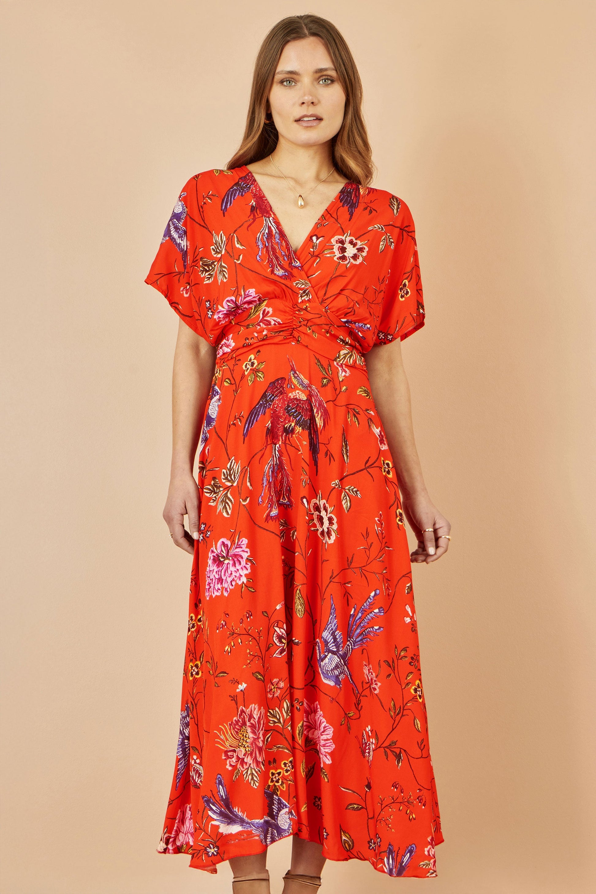 Yumi Orange Viscose Bird and Floral Print Kimono Midi Dress - Orange / 6 Yumi Orange Viscose Bird and Floral Print Kimono Midi Dress - Orange / 6