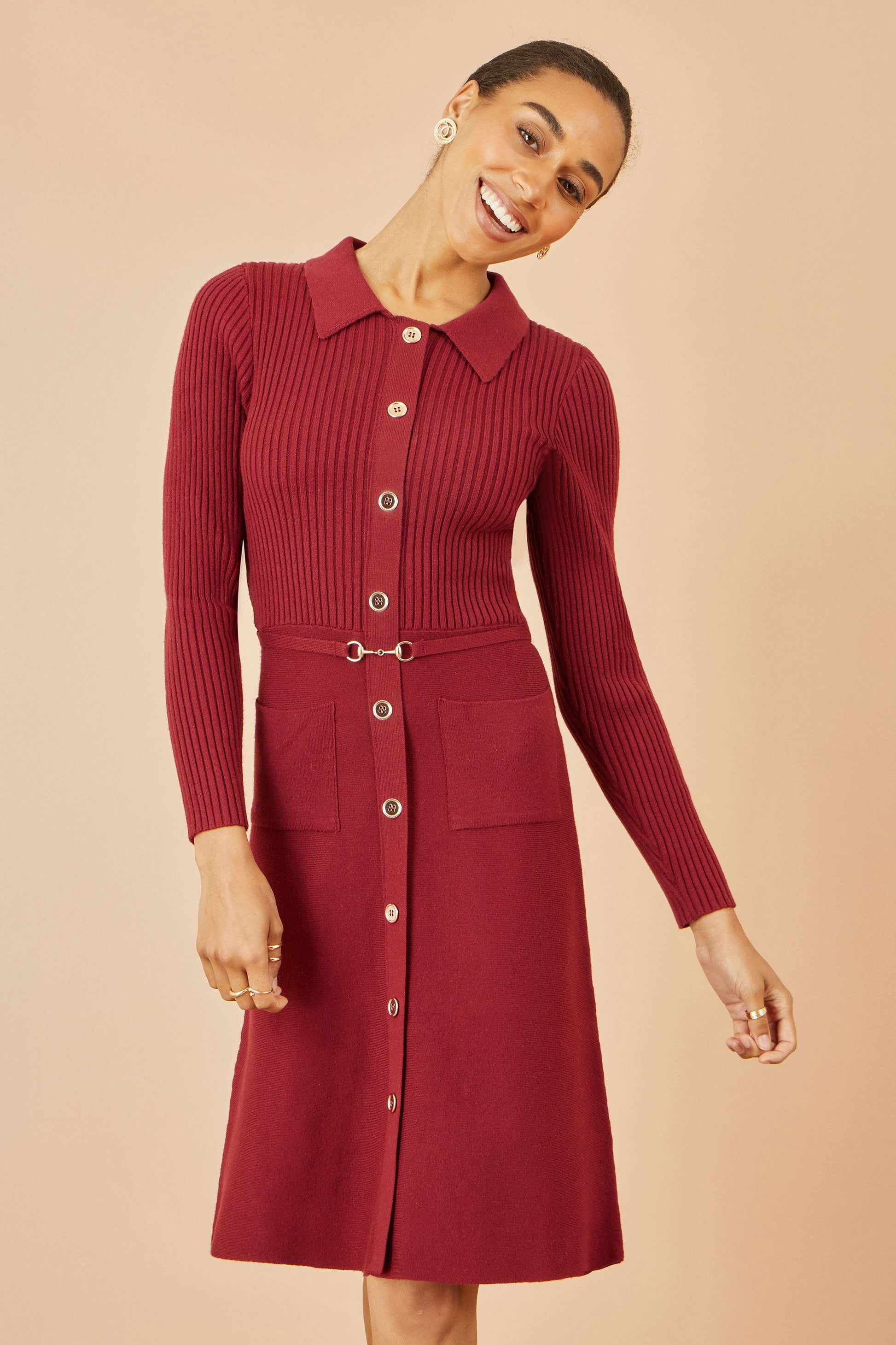 knee length dresses for ladies Yumi Burgundy Rib Knit Midi Shirt Dress with Snaffle Belt