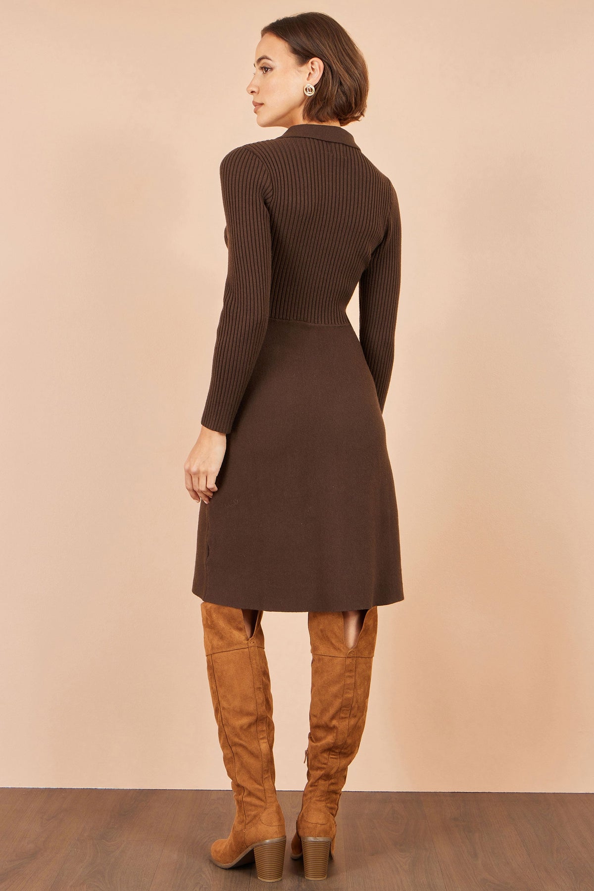 Yumi Brown Rib Knit Midi Shirt Dress With Snaffle Belt