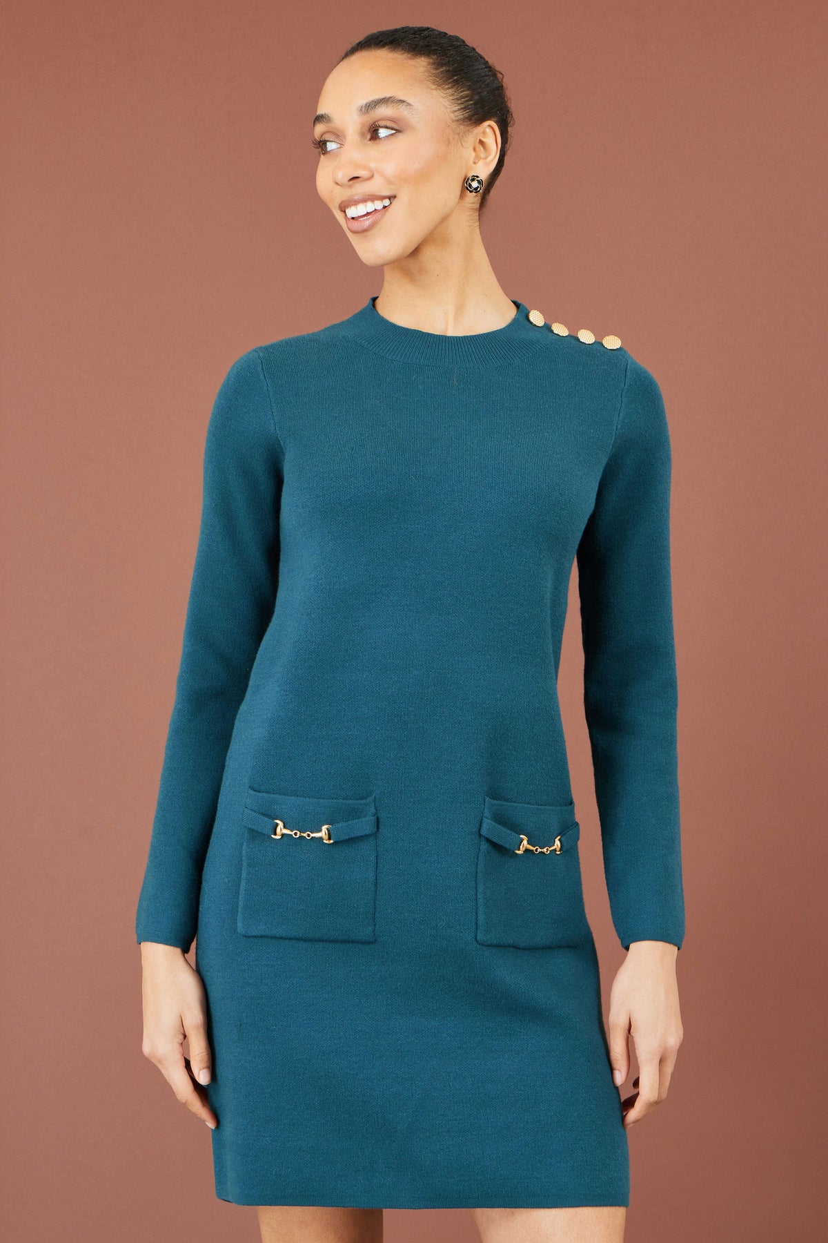 Yumi Teal Knitted Tunic Dress With Gold Hardware Details