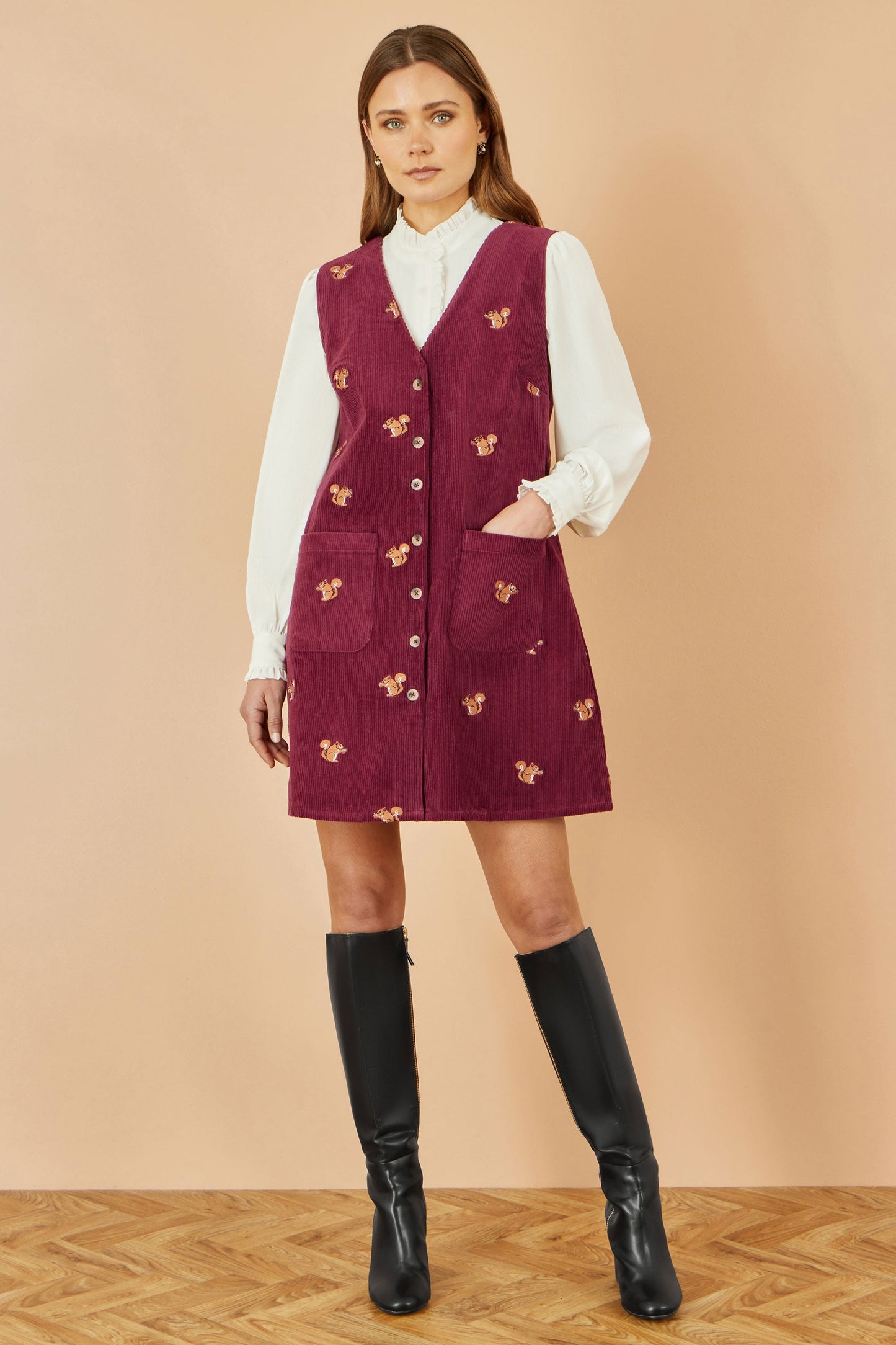 Yumi Burgundy Squirrel Embroidered Button Up Pinafore Dress