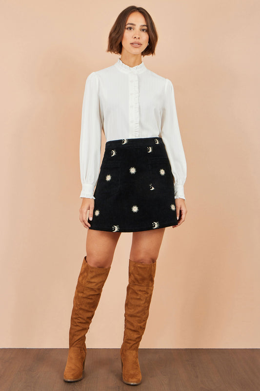 Yumi Black Cosmic Embroidered Mini Skirt