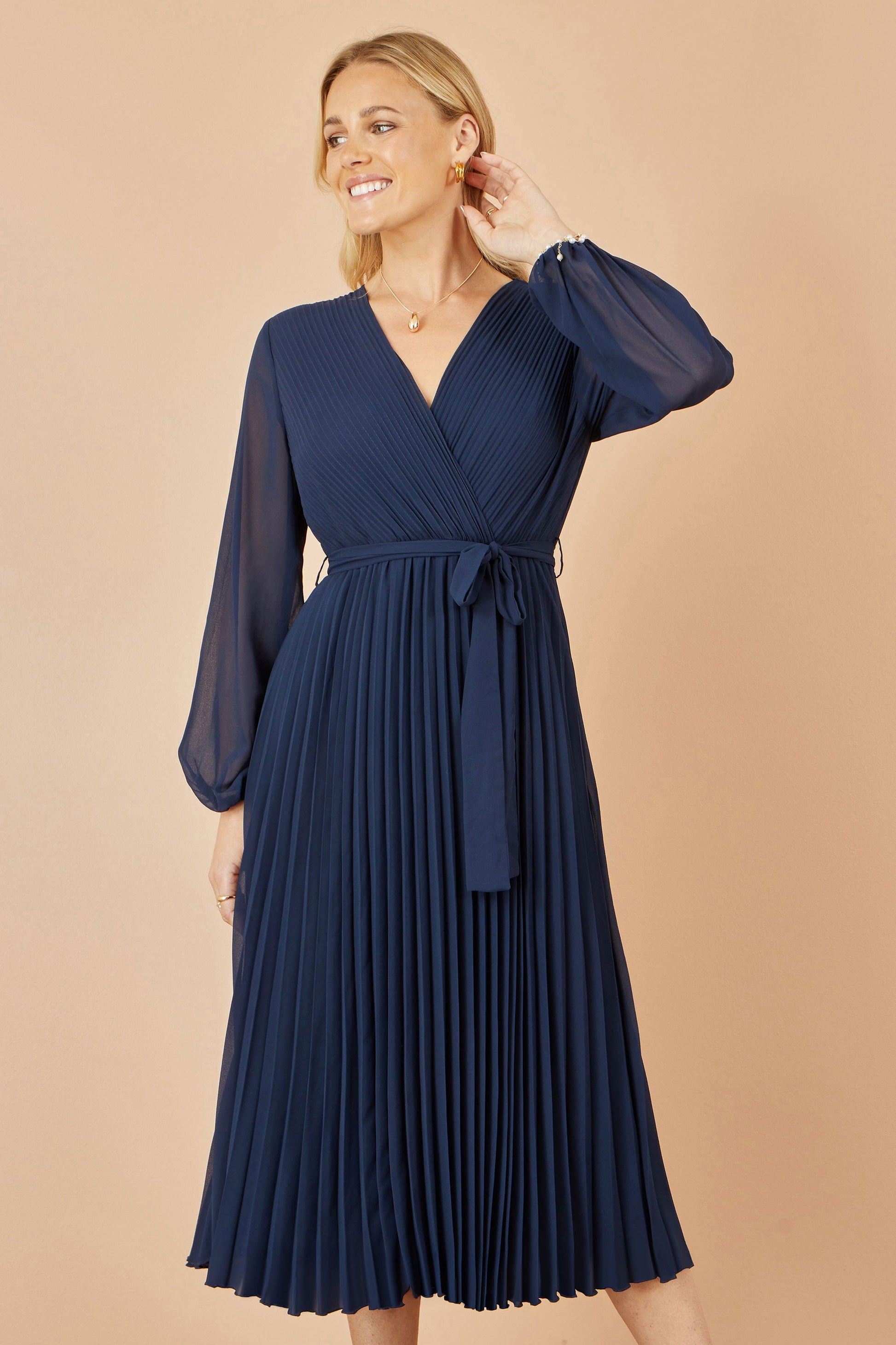 Yumi Navy Pleated Wrap Midi Dress With Sheer Long Sleeves - Navy / 6 Yumi Navy Pleated Wrap Midi Dress With Sheer Long Sleeves - Navy / 6