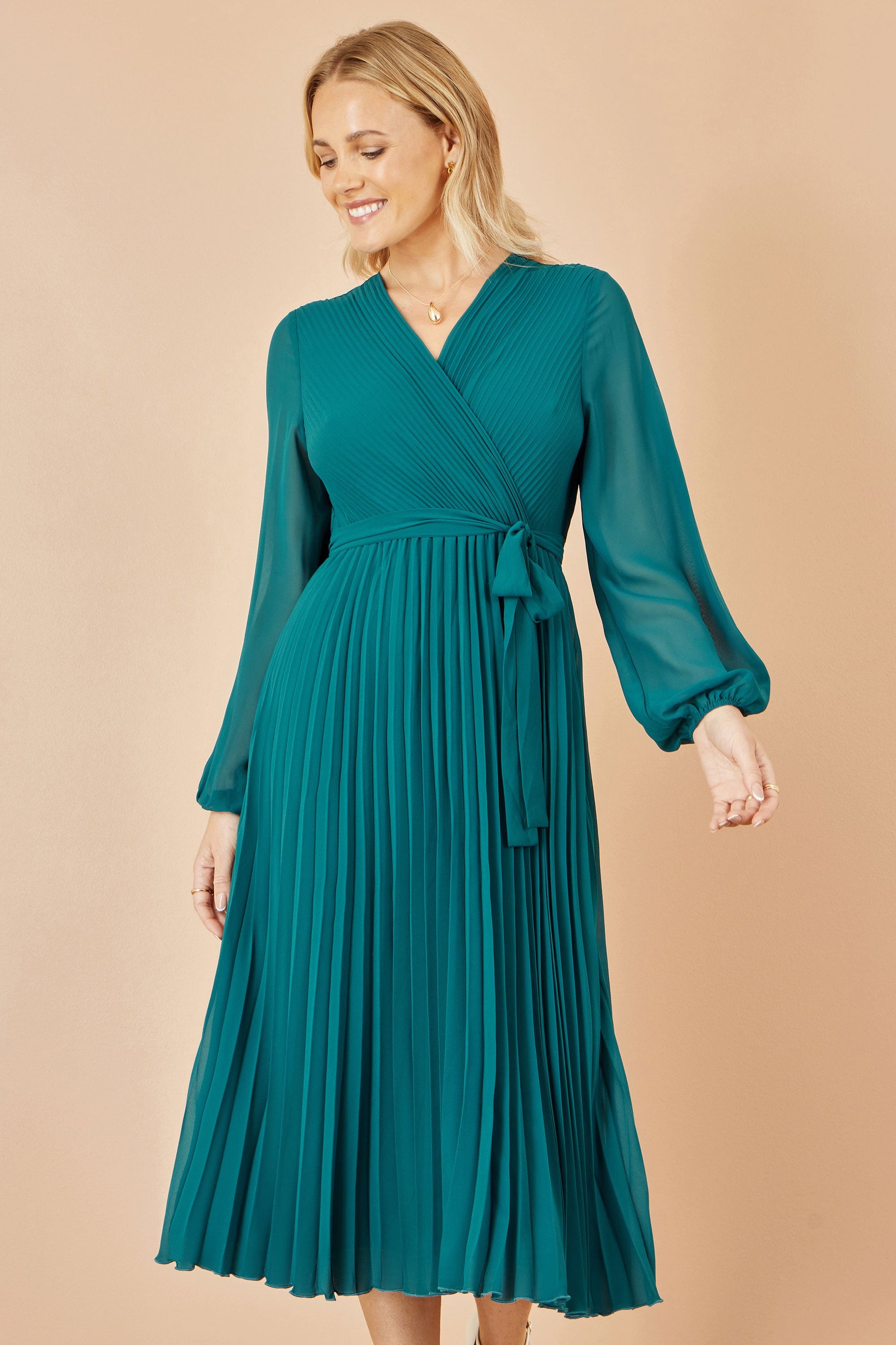 green pleated wrap dress Yumi Teal Pleated Wrap Midi Dress With Sheer Long Sleeves – Envy Boutique