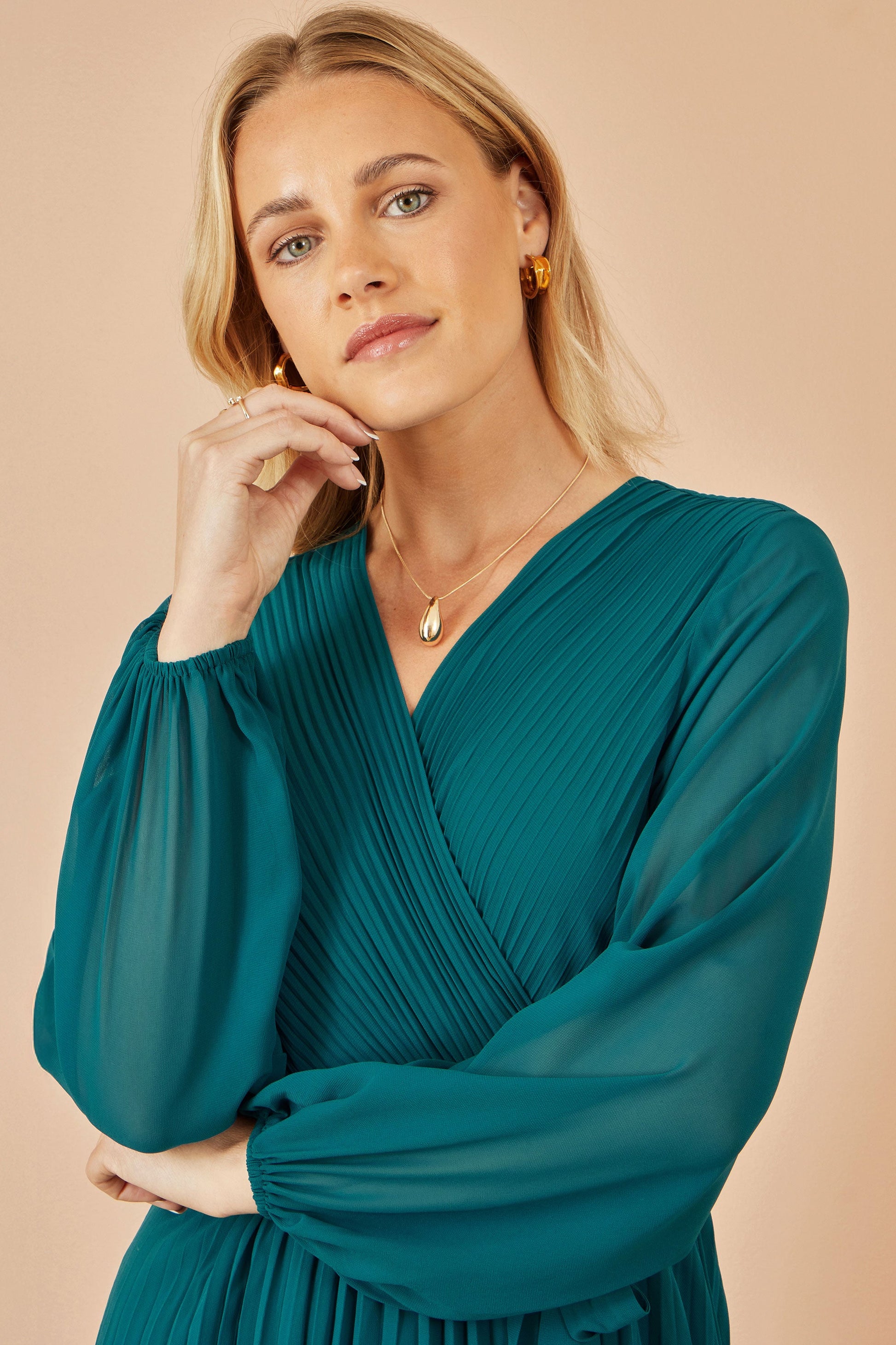 teal wrap midi dress Yumi Teal Pleated Wrap Midi Dress With Sheer Long Sleeves